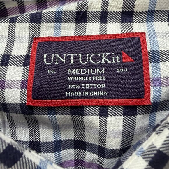 Untuckit Salento White Navy Plaid Button Up Long Sleeve MEDIUM Wrinkle Free - Picture 8 of 10